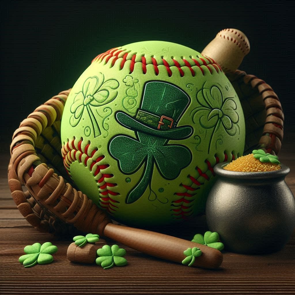 A softball with a shamrock pattern, a pot of gold, and a home run hitter