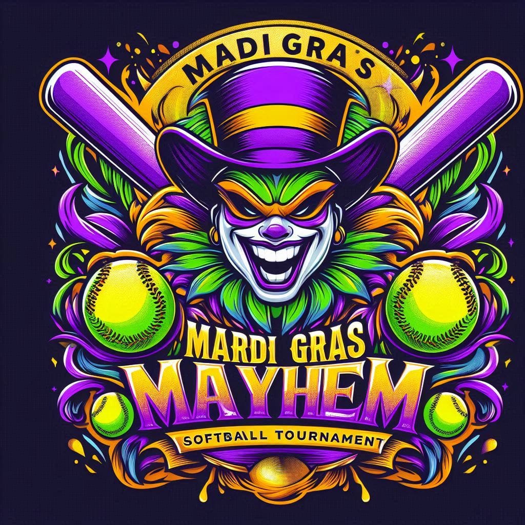 Mardi Gras Mayhem softball tournament logo with bright and festive colors, including a softball