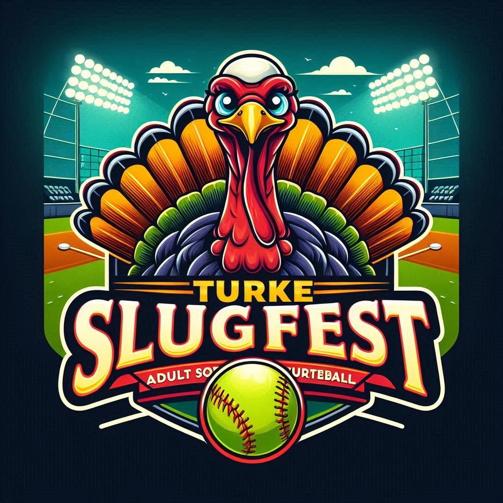 turkey slugfest adult softball tournament logo with bright colors, a softball, a turkey, and a softball field